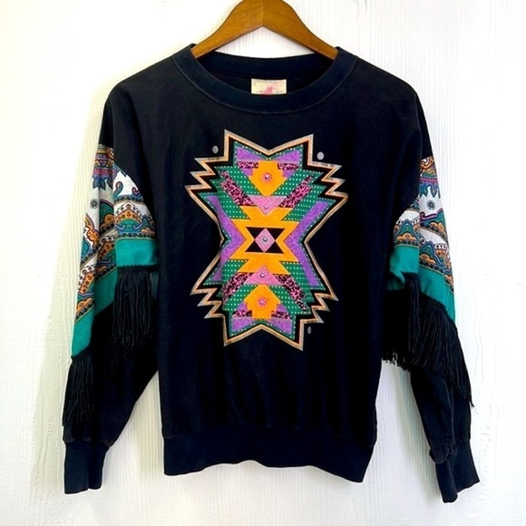 Hazelwood Southwest Fashion - Vintage 80s Black Aztec Fringe Sweatshirt Small - Picture 9 of 12